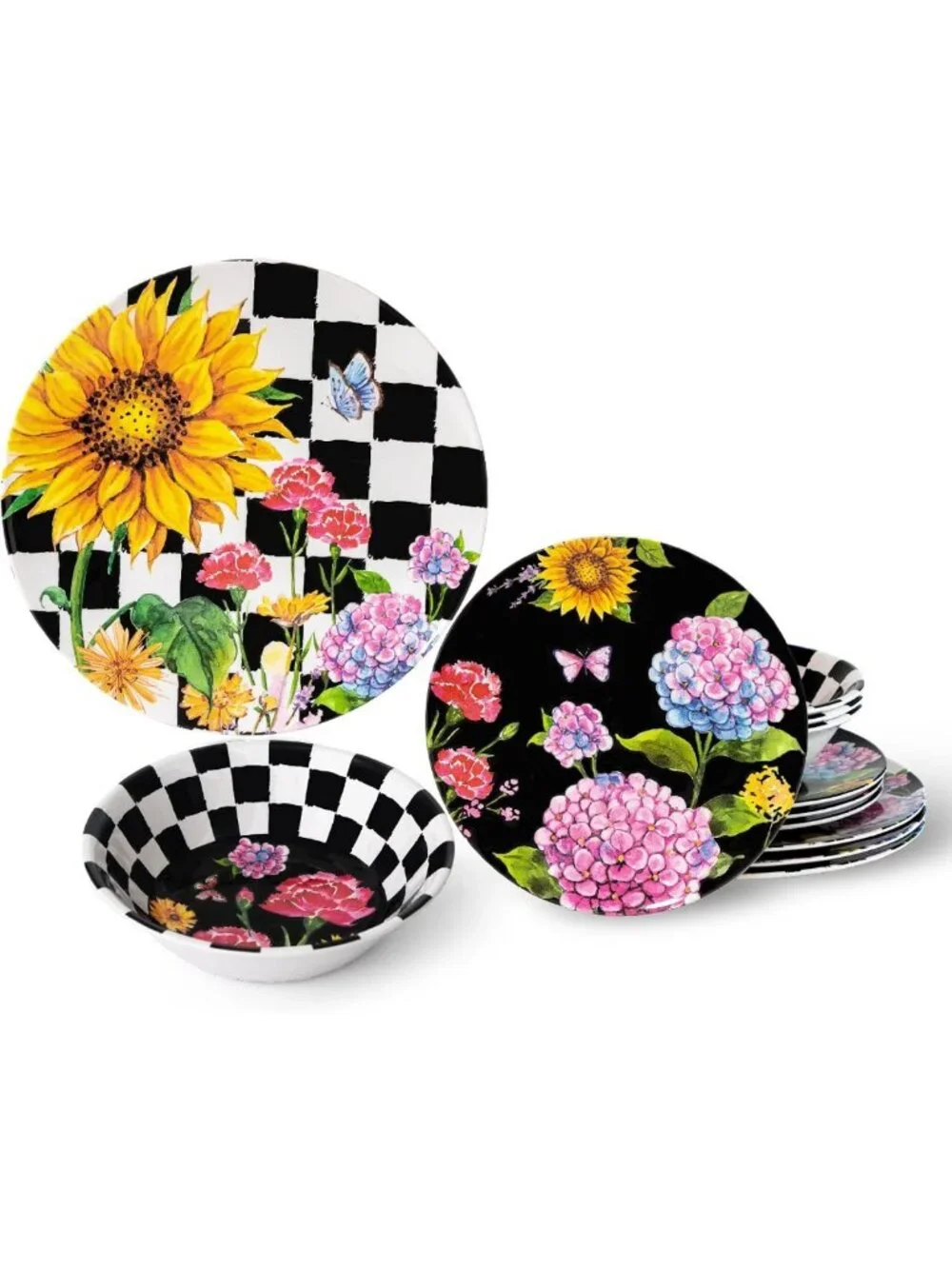 Vibrant Sunflower 12-Piece Melamine Dinnerware Set, Dishwasher Safe & Durable